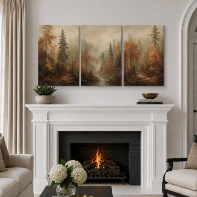 Autumn Forest Stream Landscape Artwork, Bedroom Pictures, Framed Canvas Giclee Print 3 Pieces Wall Art - 16"x24"x3pcs, 24"x36"x3pcs