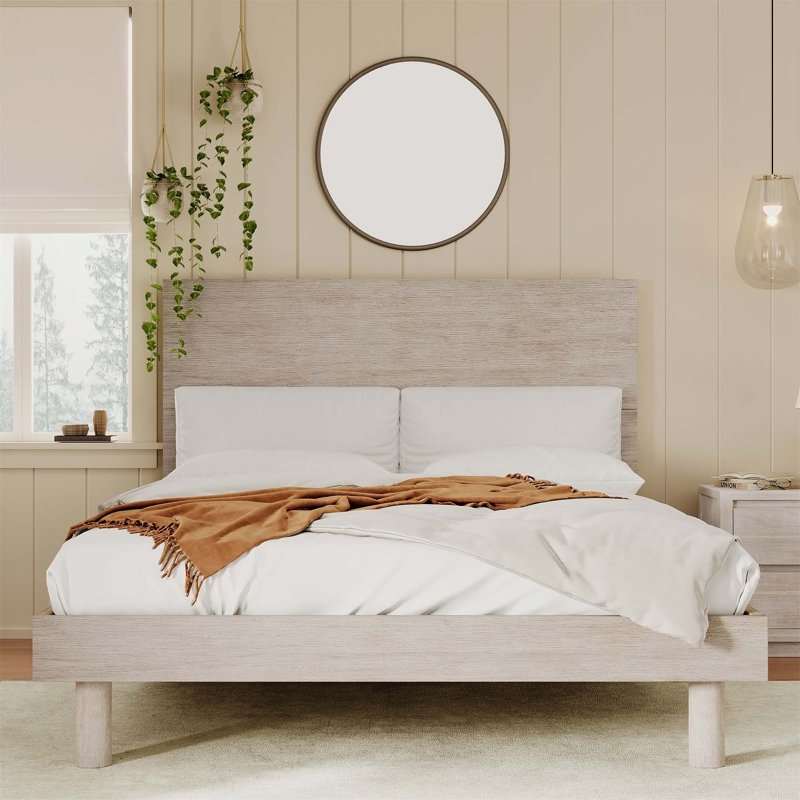 Modern Concise Style Solid Wood Grain Platform Bed Frame, Stone Gray, Full