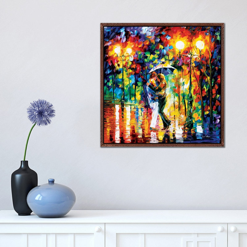 Rainy Dance I by Leonid Afremov - Painting on Canvas, Classic Brown Wood Framed Canvas, 45.72 cm H x 45.72 cm W