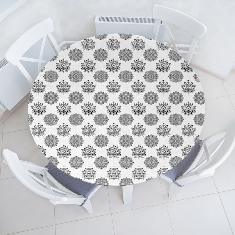 Ambesonne Ethnic Fitted Round Tablecloth Charcoal Grey White, 64.17" Round