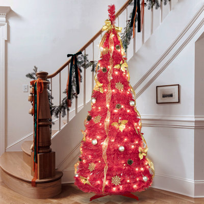 6FT Pre-Lit Red Pop-Up Christmas Tree, 150 Warm White LED Lights, Ornaments Included (4 Ribbons, Bow, Flowers, Snowflakes, Pine Cones & Balls)
