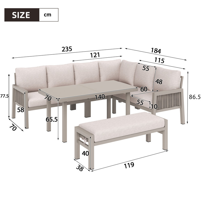 8-Seater Patio Lounge Set With Corner Sofa And Bench, Beige Cushion/Beige Frame