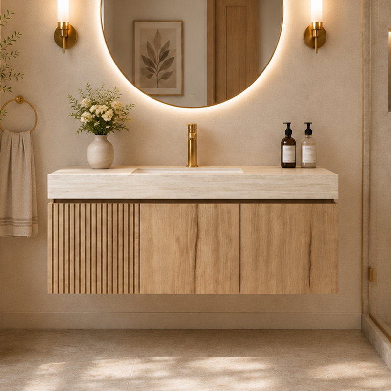 Meuble-lavabo mural 48 po avec lavabo, plateau en pierre frittée à motif de travertin, rangement à fermeture en douceur et finition chêne clair Akshata