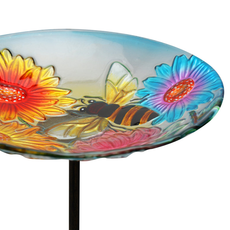 Glass Stake Bird Bath with Flowers and Bees