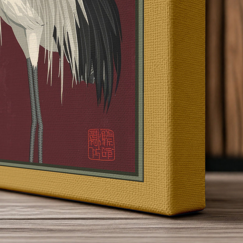 Crane Among Bamboo Japandi - Wrapped Canvas, 30x20 - 76.2 x 50.8 cm, Ochre Border