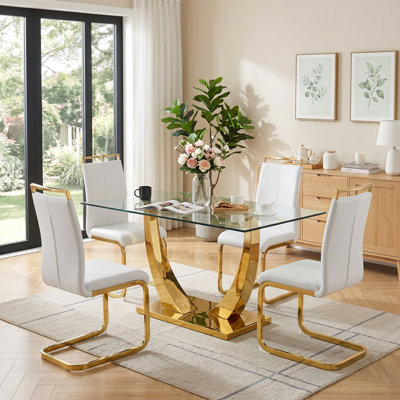 Ensemble de salle à manger 5 pièces rectangulaire moderne en verre trempé, base en forme de U avec 4 chaises rembourrées en similicuir