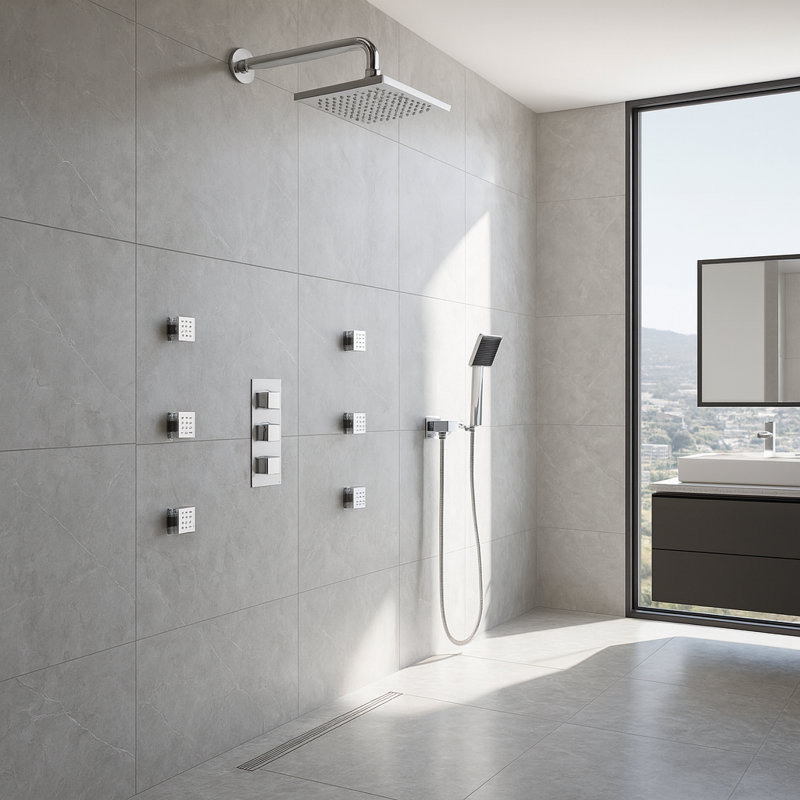 Ensemble de système de douche thermostatique à contrôle thermique précis avec finition chromée moderne