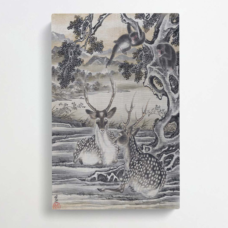 Deer Below The Monkeys by Kawanabe Kyosai - Wrapped Canvas, 60cm H x 40cm W x 3cm D