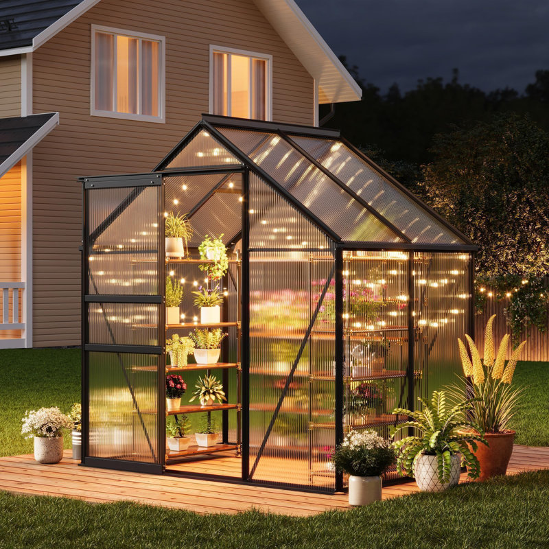 6x4 FT Polycarbonate Greenhouse, Sturdy Aluminum Frame with Adjustable Roof Vent & Lockable Door, Walk-In Grow House for Garden, Patio or Backyard - Matte Black