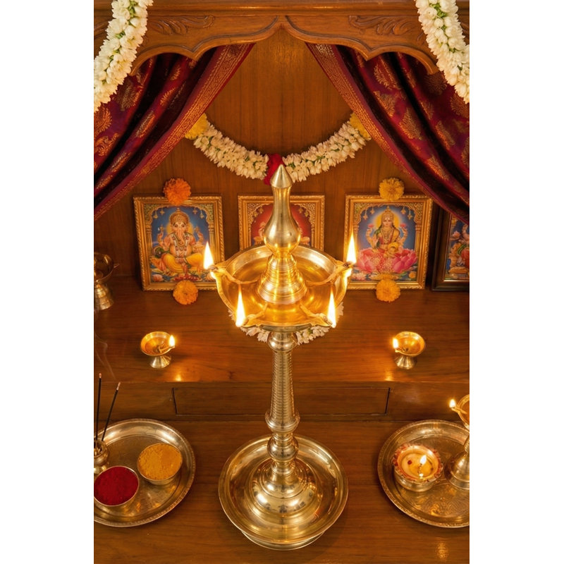 45" South Indian Brass Large Wick Lamp – Handmade Temple Diya for Puja, Ceremony & Grand Entryway Décor