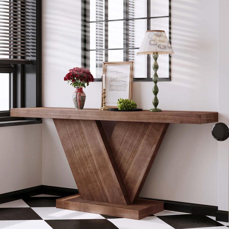 Console de style moderne 66 "à pieds en X, canapé d'entrée en placage de bois massif avec plateau large, table de couloir étroite de style Mid-Century pour petits espaces