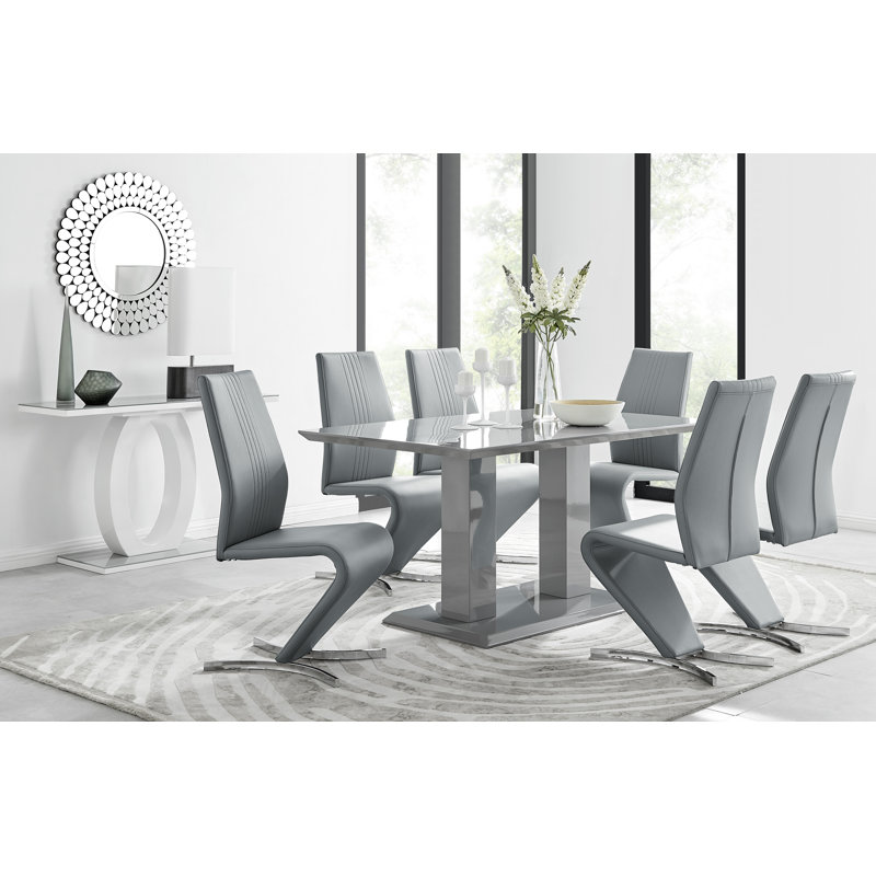 Edzard Double Pedestal High Gloss Dining Table Set with 6 Luxury Faux Leather Dining Chairs, Grey