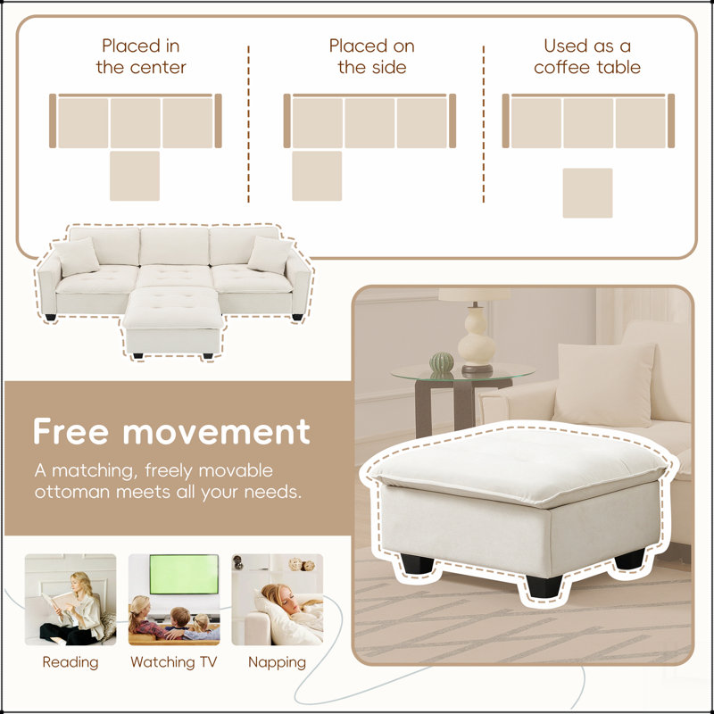 Canapé modulaire convertible 100 x 59 po, ensemble de canapé en L réversible, Beige