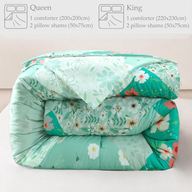 Striped Duvet Cover Set, Green Floral, Kingsize Duvet Cover + 2 Pillowcases