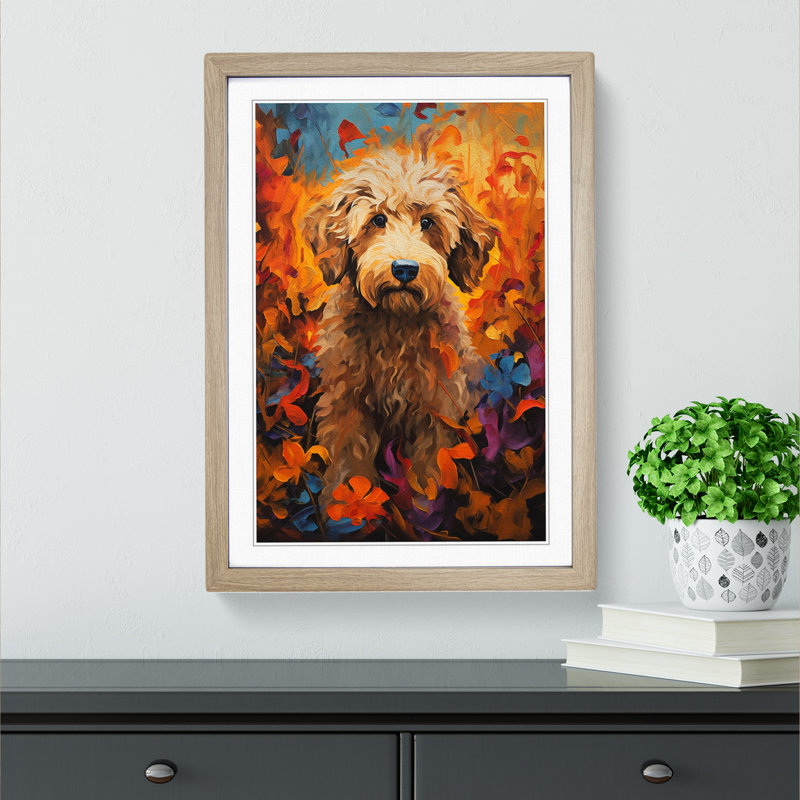 XYZ-FRM-V1223-4002 Labradoodle Tachisme - Single Picture Frame Print on Wood, 34cm H x 25cm W x 2cm D, Oak