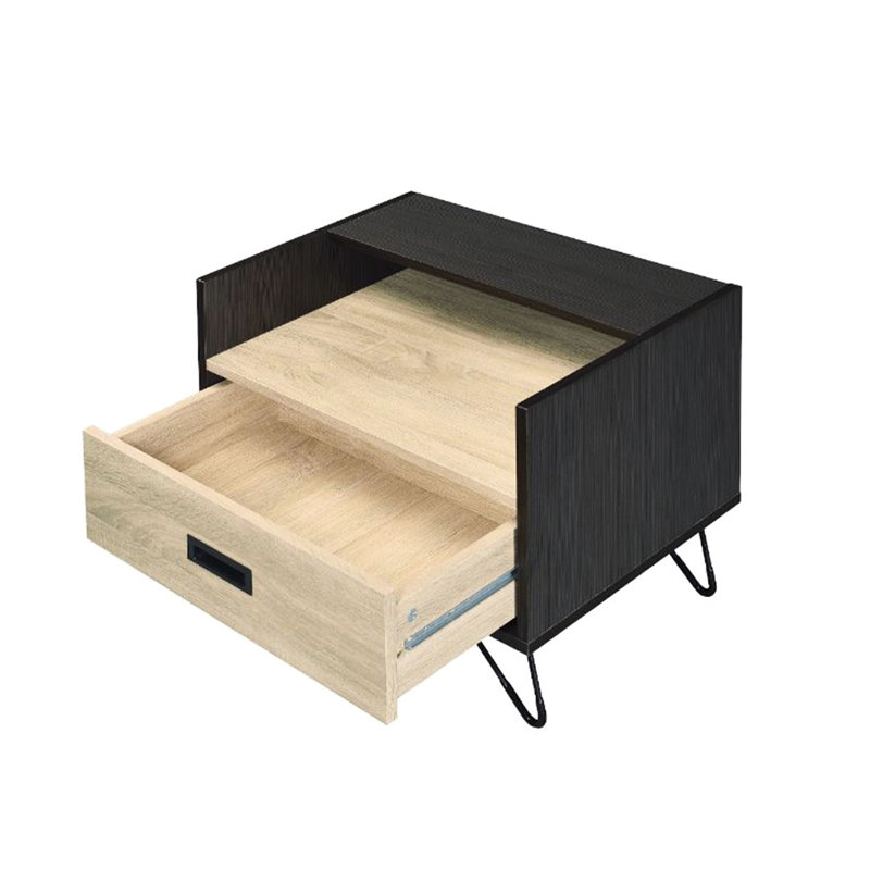 Table de chevet moderne avec 1 tiroir et compartiment ouvert, couleur chêne noir, pieds en métal, idéal pour le rangement de la chambre à coucher ou du salon