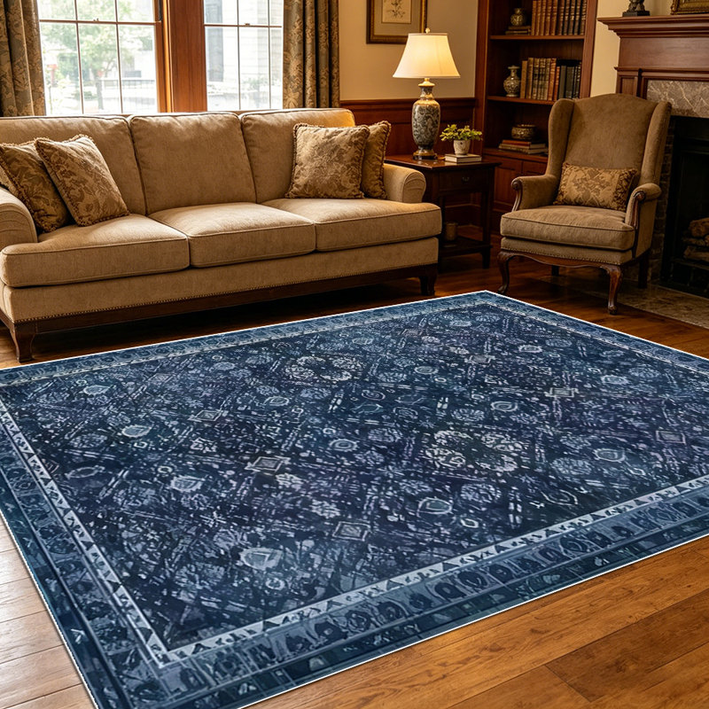 1PC vintage distressed bohemian navy blue geometric floral area rugs for Living Room, Soft and Comfortable, Suitable for all seasons, easy-to-maintain, machine washable Indoor floor mat, Under Table Farmhouse suitable for dining room, bedroom,