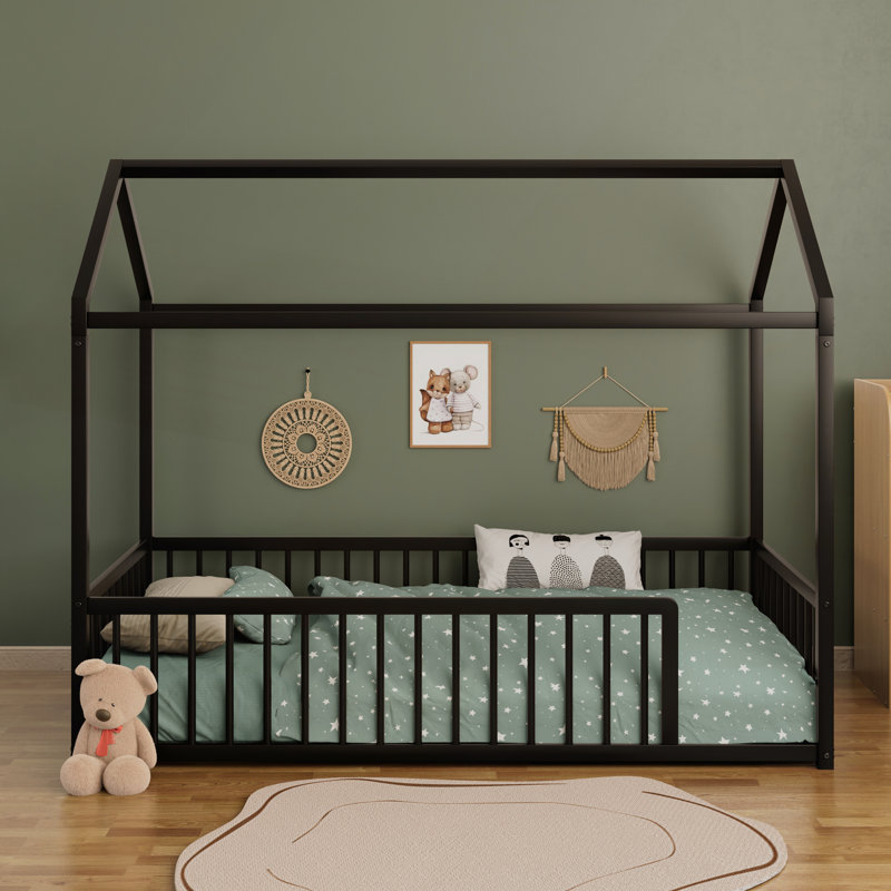 Structure de lit simple en métal de style Montessori, en forme de maison avec clôture de sécurité pour enfants et tout-petits, facile à assembler, noir