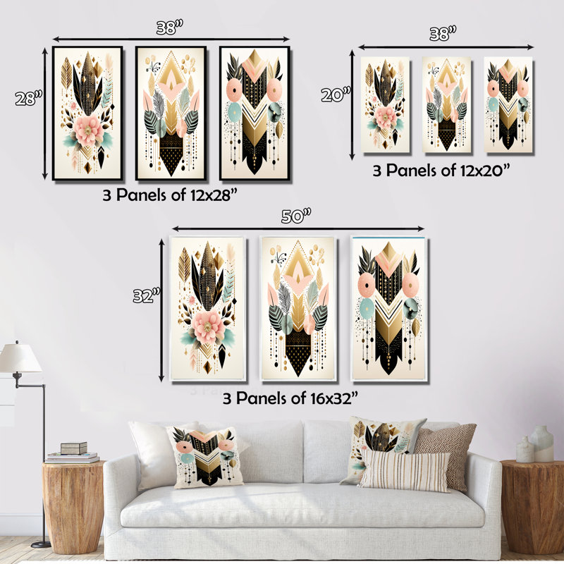 «Boho Chic Floral Geometric Retro Illustration I», 3 pièces sur toile, Cadre flottant doré, H 40 po x l 60 po