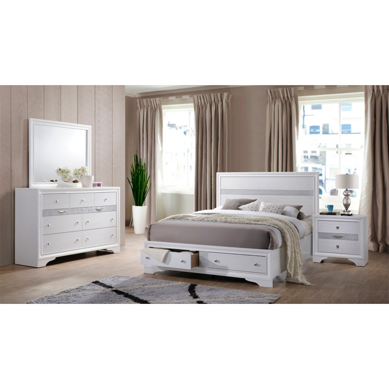 Ensemble de chambre avec grand lit 4 pièces, Blanc, Quatre pièces : lit, commode, miroir et table de, Grand lit