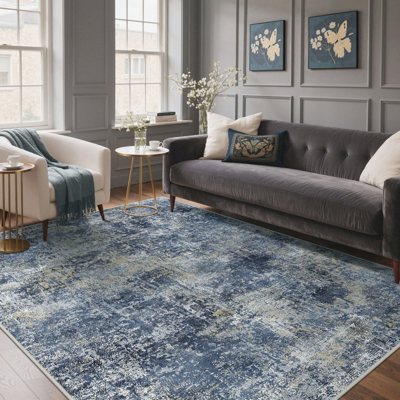 Abstract Area Rug, Navy Blue/Tan, Rectangle 120 x 170 cm
