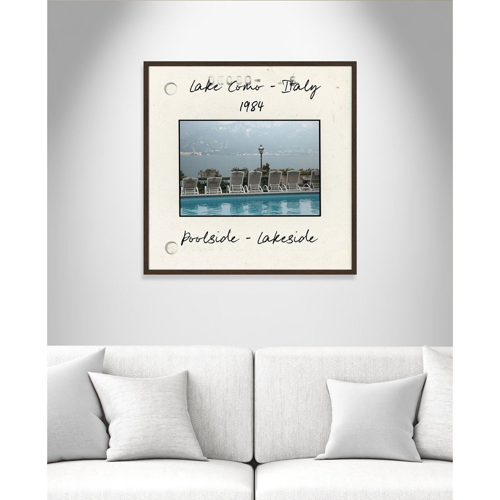 Lake Como, Italy - Poolside Lakeside Print by Danita Delmont, 32" H x 32" W x 0.75" D, Walnut Single Picture Framed Paper