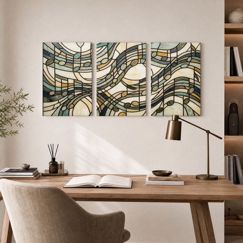 Ensemble de 3 toiles abstraites à motif de vitrail bleu sarcelle et beige, H 24 po x l 16 po x 3 pièces