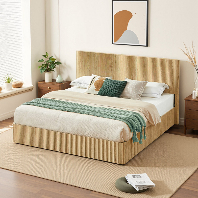 Lift Up Hydraulic Storage Bed Frame, Beige, King