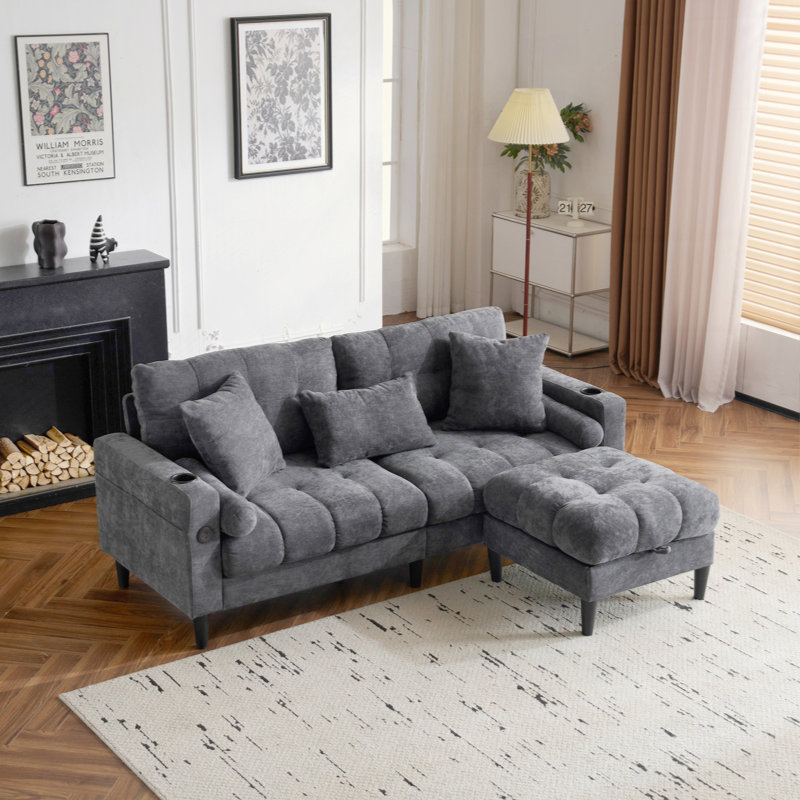 Canapé en chenille avec repose-pieds amovible et de rangement, rangement latéral et USB, Gris foncé antique