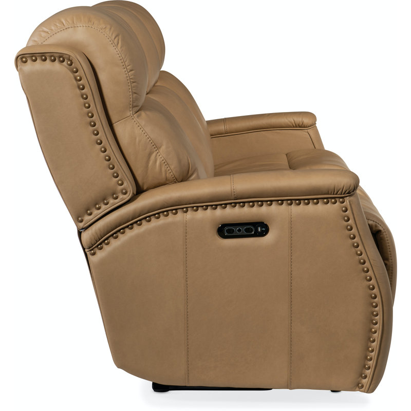 Sahara Sand Leather Power Reclining Sofa with Nailhead Trim