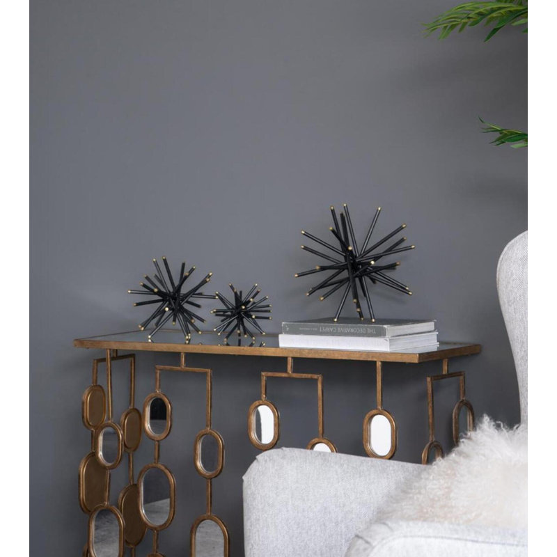 S / 3 statues de tiges de fer noires abstraites avec extrémités dorées, L: 11,5 x 11,5 x 11,5 po, M: 8 x 8 x 8 po, S: 5,5 x 5,5 x 5,5 po