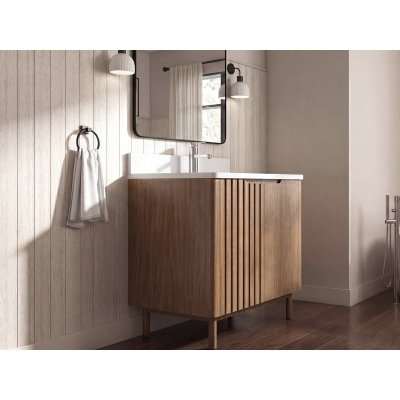 Meuble-lavabo sur pied moderne Tennant Brand 30 pouces, chêne chaud brun fumé, lavabo simple, comptoir en quartz blanc, entièrement assemblé