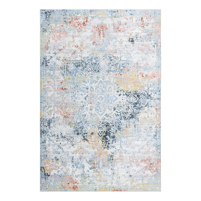 Tapis gris / bleu marine / taupe en polyester tissé à la machine Massie, Rectangle 10 pi x 14 pi 1 po