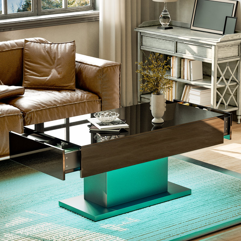 Table de salon moderne à DEL ultrabrillante avec 2 tiroirs de rangement, Noir, H 19,7 po x L 43 po x l 21,7 po