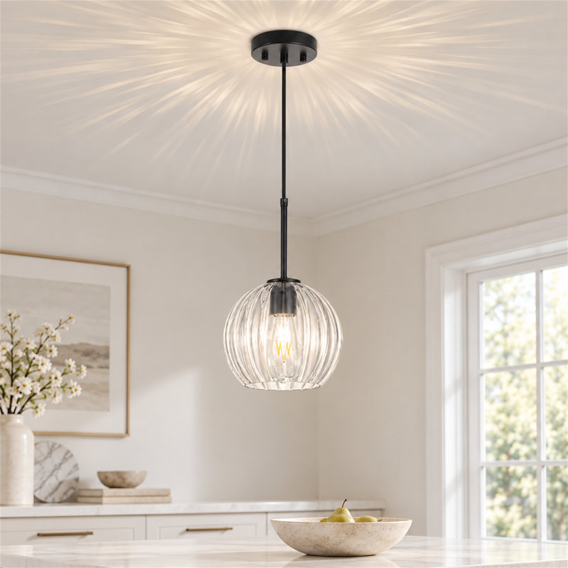 Suspension en verre rayé, globe de 7,87 po, 1 lumière, pour îlot de cuisine, Clair