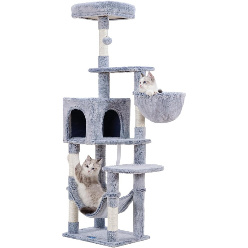 Arbre à chat avec grand hamac, tour de chat à plusieurs niveaux pour chats d'intérieur, condo pour chat avec poteaux à griffes recouverts de sisal et perchoir supérieur, MPJ050W