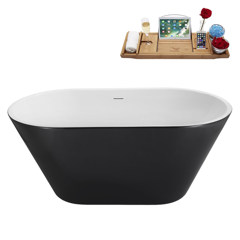 54" Streamline Soaking Glossy Black Freestanding Tub and Tray With Internal Drain, Brushed Brass