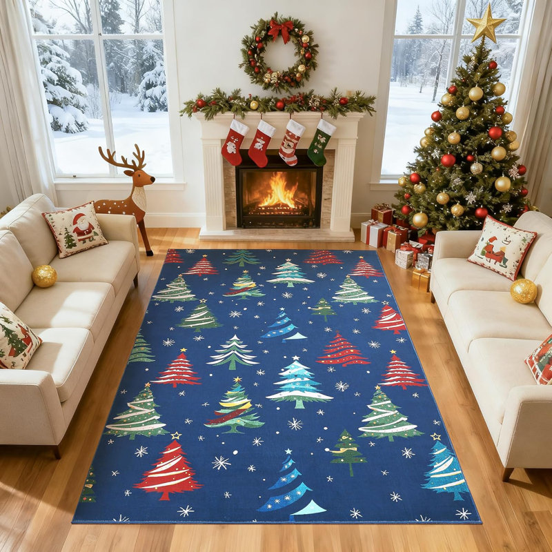Christmas Tree Non-Slip Washable Low Pile Area Rug, Holiday Decor Living Room Rug, Rectangle 5' x 7'