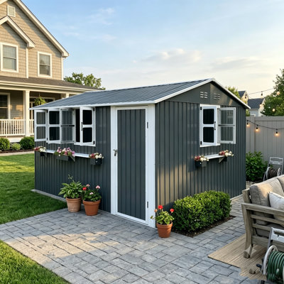 Premium 12 ft. W x 10 ft. D Metal Storage Shed with Windows, Flower Rack, and Lockable Door - All-Weather Waterproof Backyard Garden Cottage for Tools, Bikes & Lawn Mower