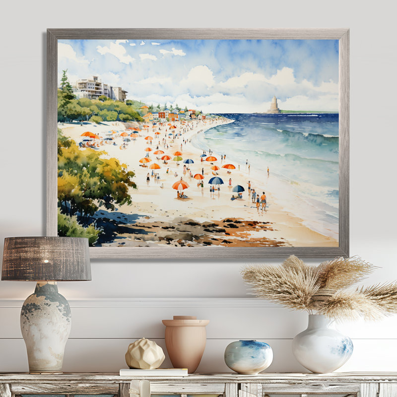 Impression rétro sur toile, plage rétro, Cadre de coin blanc fermé, H 34 po x l 44 po x P 1,5 po