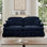 Élégant grand canapé à deux places Mid-Century élégant avec accoudoirs évasés et volants amovibles, jupes plissées et pieds fuselés, canapé confortable à deux places en chenille pour le salon, bleu