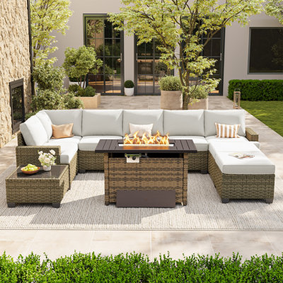 10-Piece PE Special Wicker Modular Patio Conversation Set With 4" Cushions &  Fire Pit Table