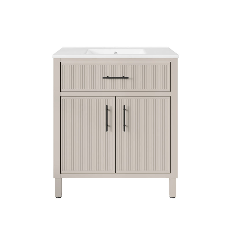 Ensemble de meuble-lavabo autoportant 30 po Carissa, blanc crème, plateau en céramique blanche et quincaillerie noir mat Carissa