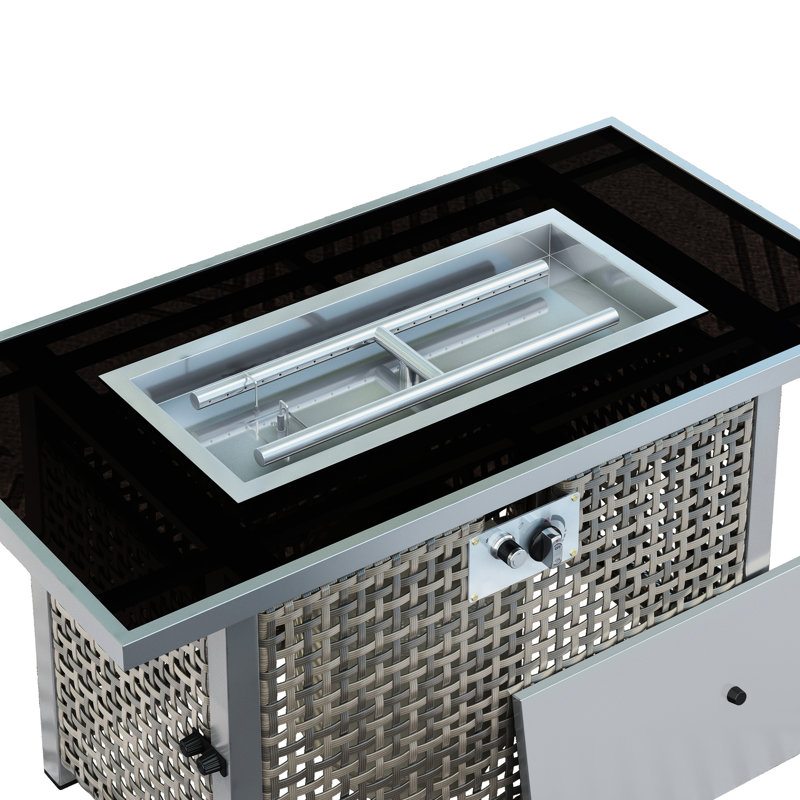 43" Rectangular Grey Open Weave Propane Fire Pit Table, 60000 , With Blue Glass Stones, Tempered Wind Guard, And 20lbs Storage For Outdoor Family Gatherings Gas Bohemian Charm, Removable - Rust Lid