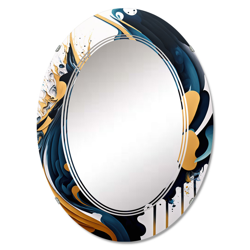 Blue And Gold Modern Art Abstract Painting V - Modern Shapes Wall Mirror, 30" x 20"