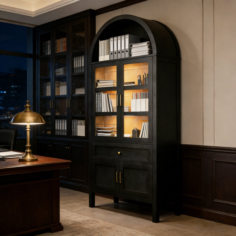 71'' Tall Wooden Arched Office Storage Cabinet With Tempered Glass Doors, Drawer, Adjustable Shelves And Led Light