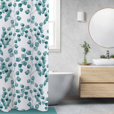 Rideau de douche tissé imprimé feuilles turquoise
