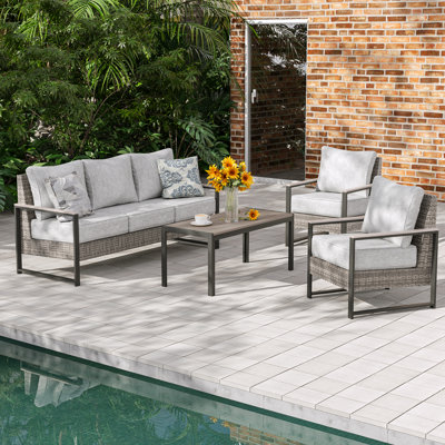 4 Piece Patio Sofa Set with Loveseat Sofa and Ottomans