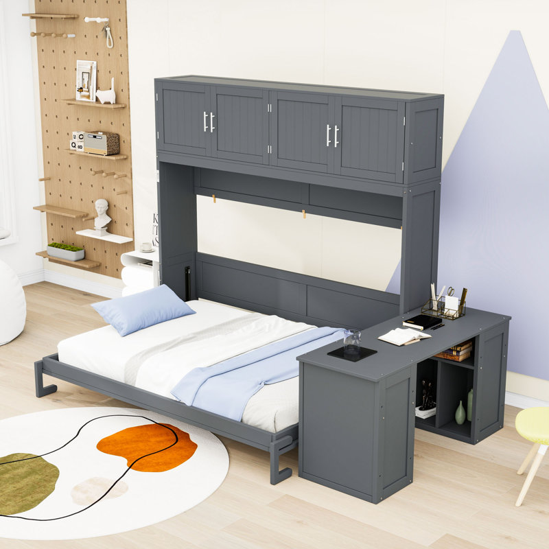 Grand lit escamotable mural avec bureau et tablettes de rangement, Gris