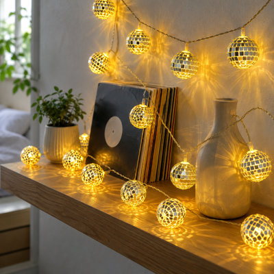 20-LED Yellow Disco Ball String Lights for 70s/80s/90s Dance Parties, Battery or USB Powered for Christmas Trees, Holiday Windows, and Indoor Decoration
